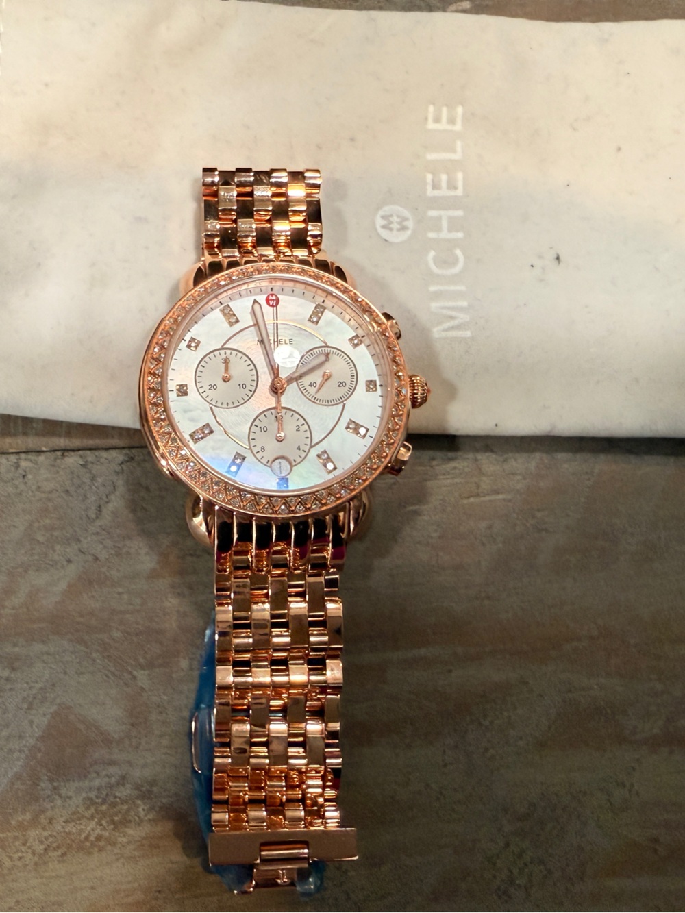 Michele Rose Gold Tone Diamond Accent Chronograph Watch